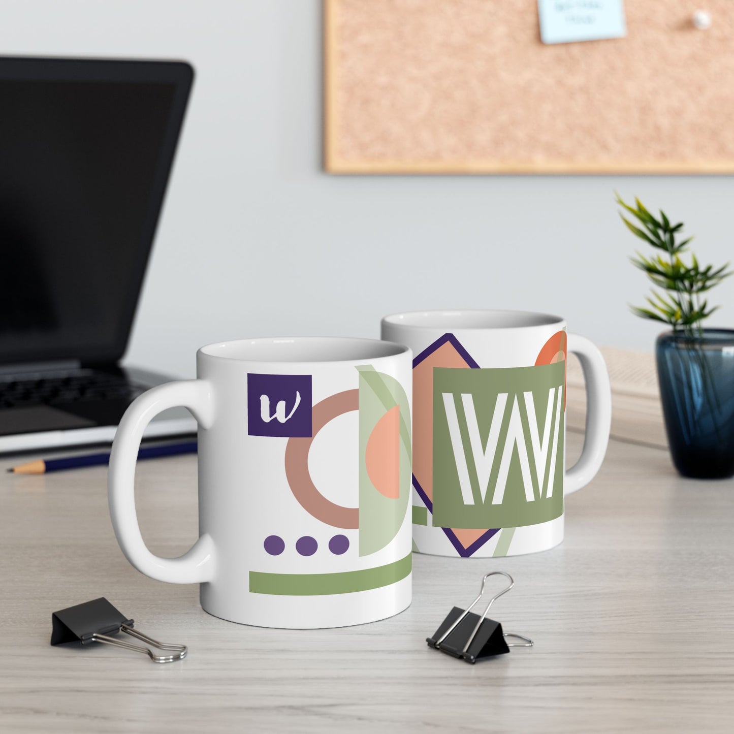 "W" Bauhaus Art Design, Mid-Century Modern Ceramic Coffee Cup | Abstract Geometric Monogram Mug | 11 oz Mug