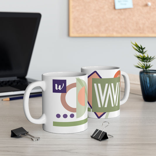 "W" Bauhaus Art Design, Mid-Century Modern Ceramic Coffee Cup | Abstract Geometric Monogram Mug | 11 oz Mug