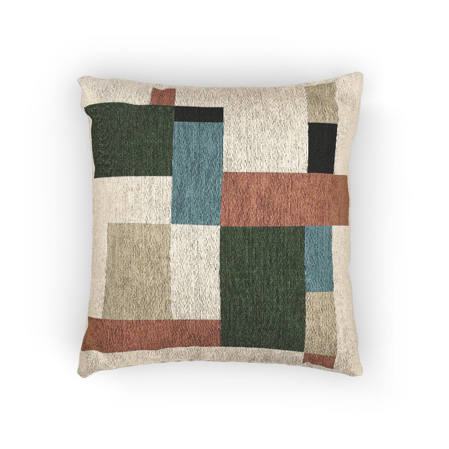 “Patch Current” – Abstract Geometric Throw Pillow in Orange, Blue & Neutral Tones