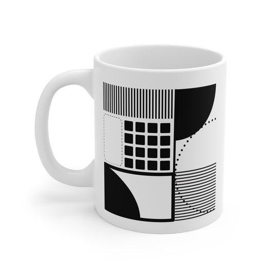 Architectural Line Stack Mug | 11oz Ceramic Coffee Mug | Minimalist Black & White Abstract Design