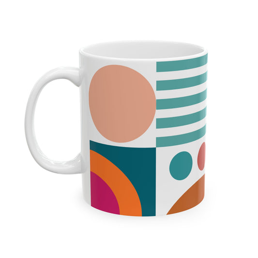 Playful Geometry Mug – Circles & Stripes in Teal & Orange | Mid-Century Kitchenware | 11 oz Mug