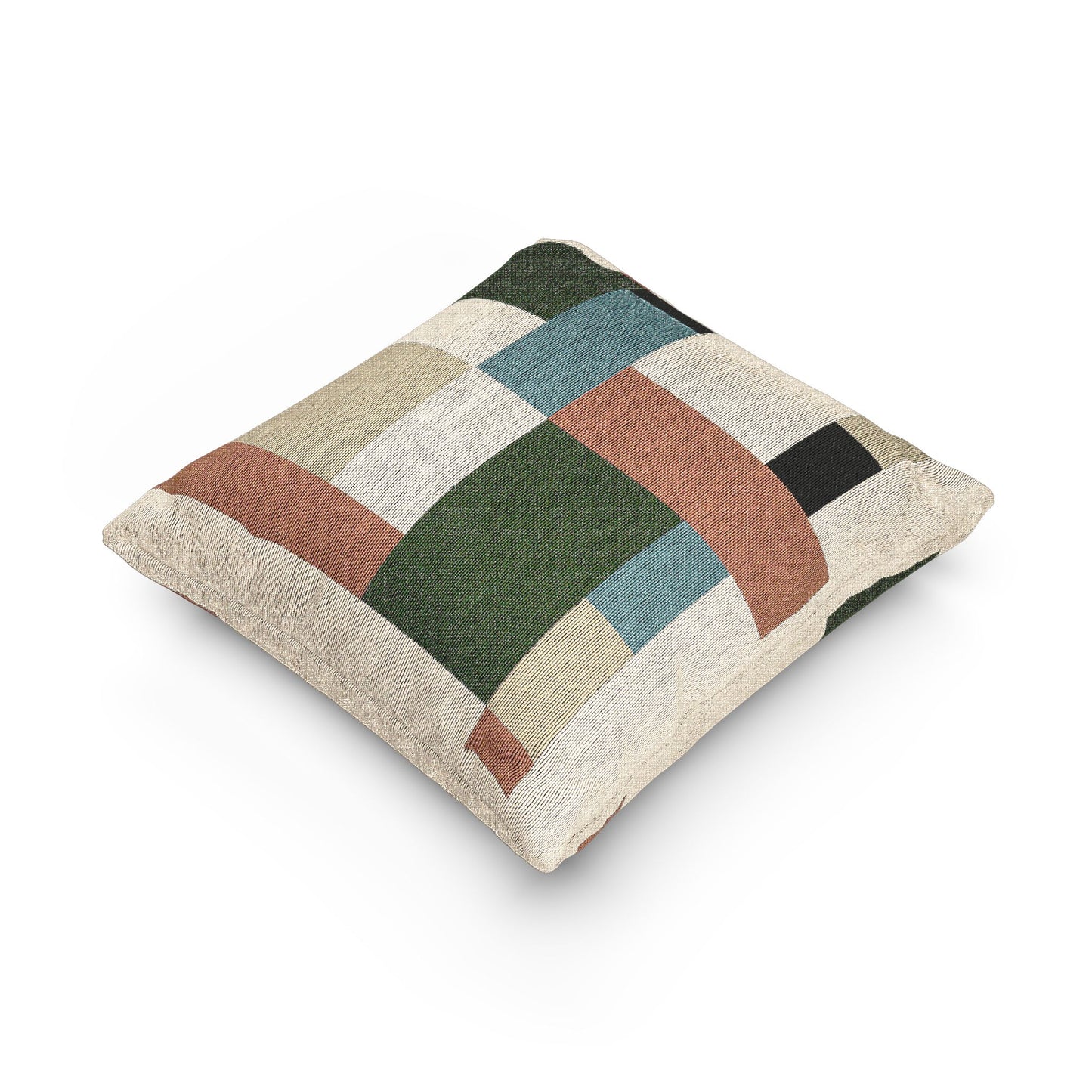 “Patch Current” – Abstract Geometric Throw Pillow in Orange, Blue & Neutral Tones