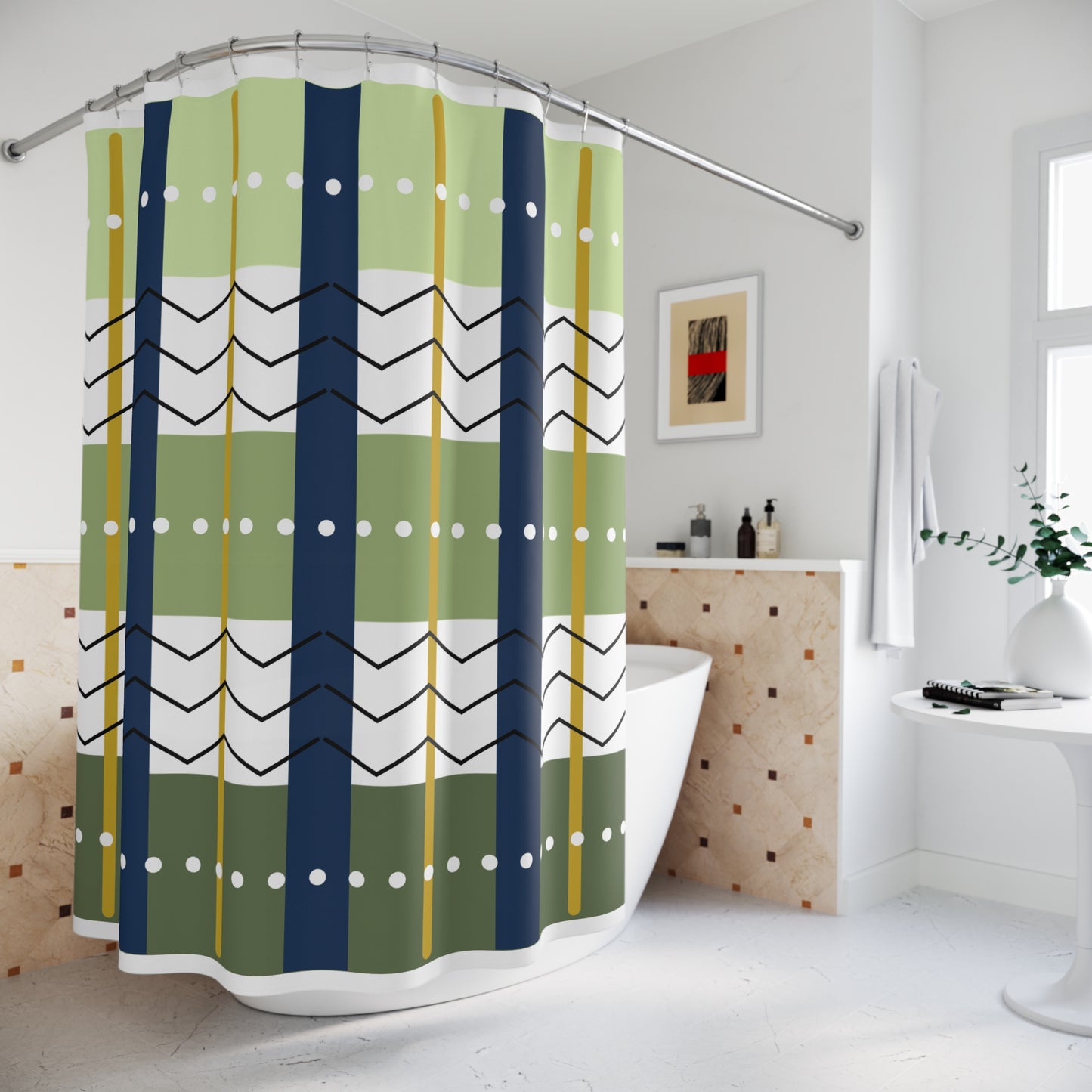 Modern Plaid-Inspired Shower Curtain – Navy, Olive & Gold Striped Grid