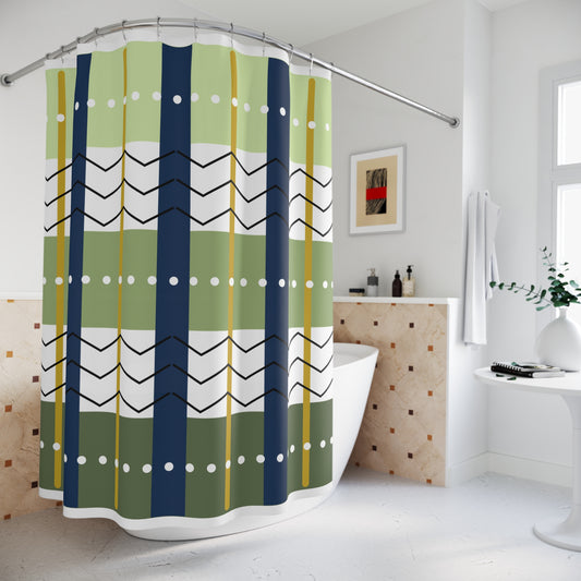 Modern Plaid-Inspired Shower Curtain – Navy, Olive & Gold Striped Grid