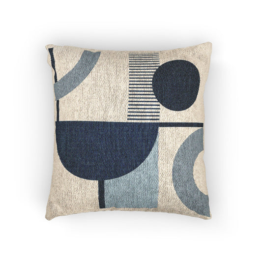 Blue Orbit Throw Pillow – Arcs, Stripes & Circles in Monochrome Motion