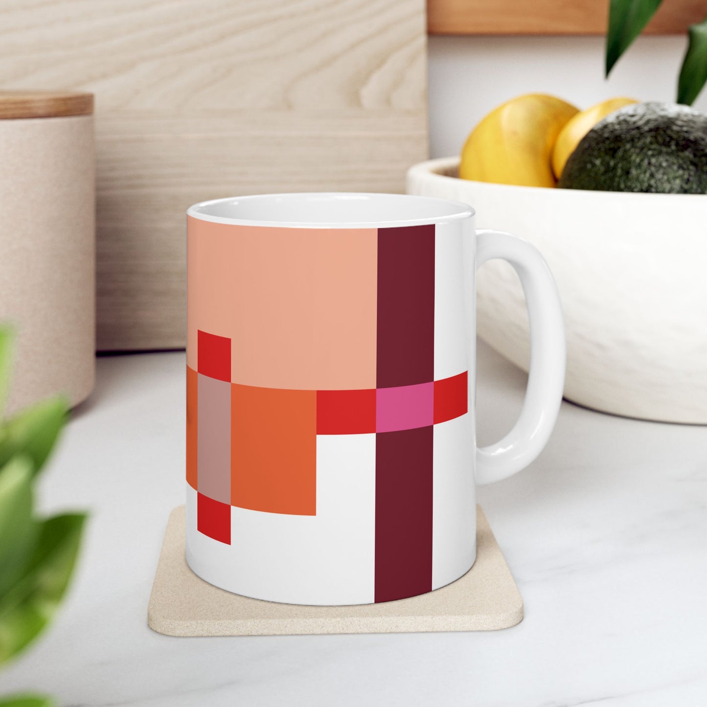 Crimson Geometry Mug – Abstract Blocks in Warm Tones | Mid-Century Kitchenware | 11 oz Mug