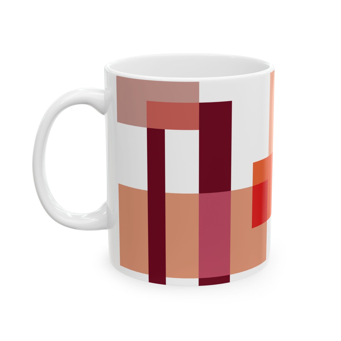Crimson Geometry Mug – Abstract Blocks in Warm Tones | Mid-Century Kitchenware | 11 oz Mug