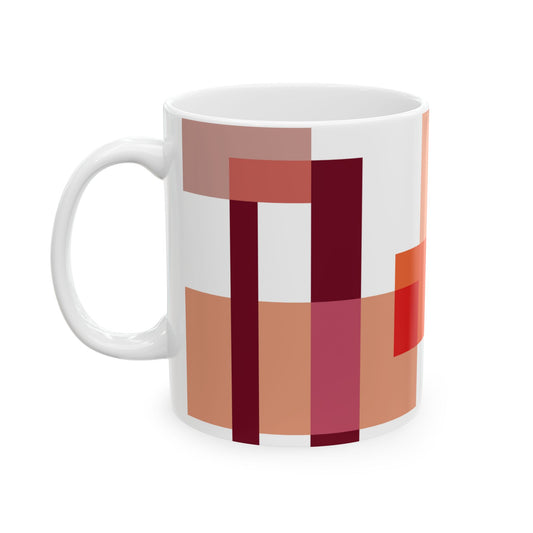Crimson Geometry Mug – Abstract Blocks in Warm Tones | Mid-Century Kitchenware | 11 oz Mug