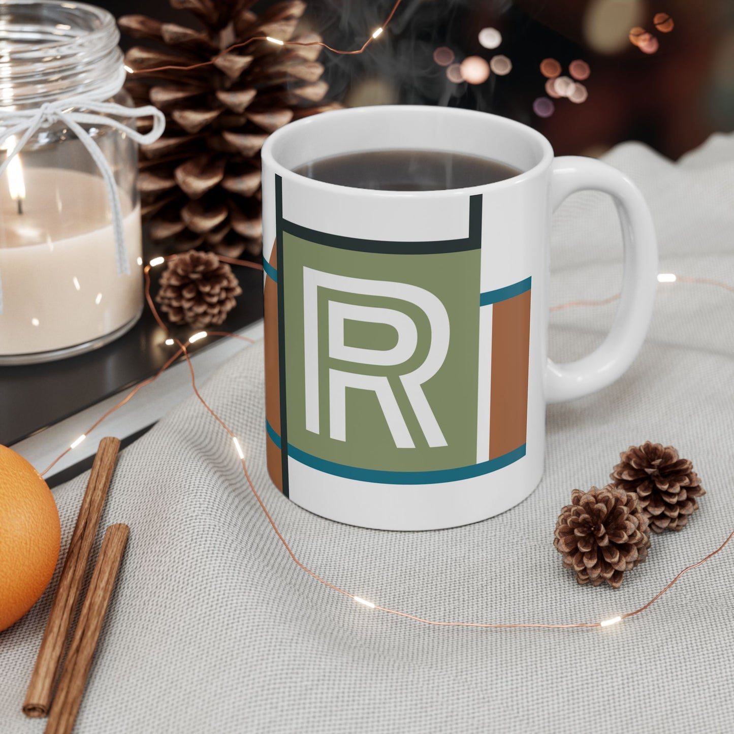 "R" Mid-Century Modern Geometry Mug – Abstract Monogram Bauhaus Design | 11 oz Mug