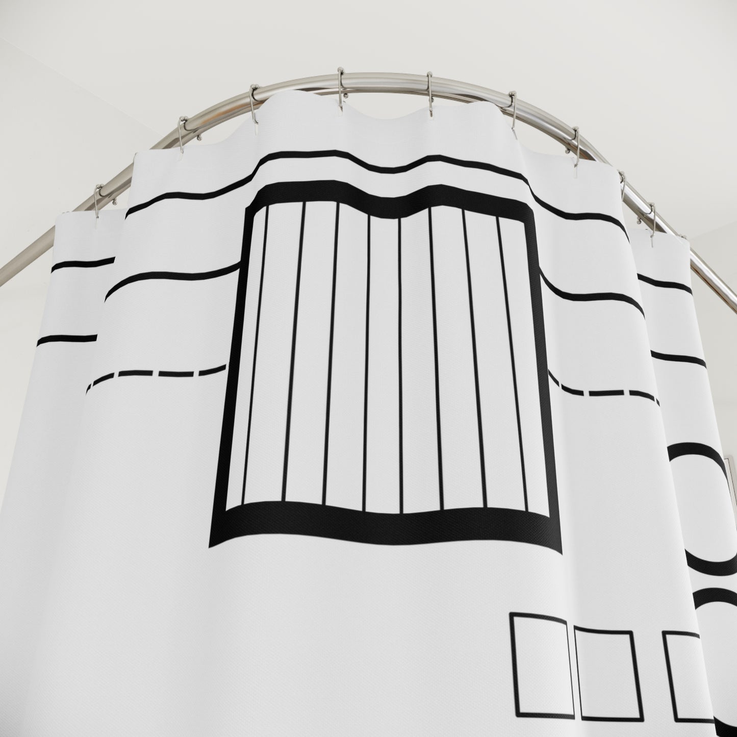 Minimalist Geometric Shower Curtain – Wavy Circle & Bar Grid Design