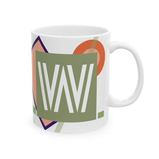 "W" Bauhaus Art Design, Mid-Century Modern Ceramic Coffee Cup | Abstract Geometric Monogram Mug | 11 oz Mug