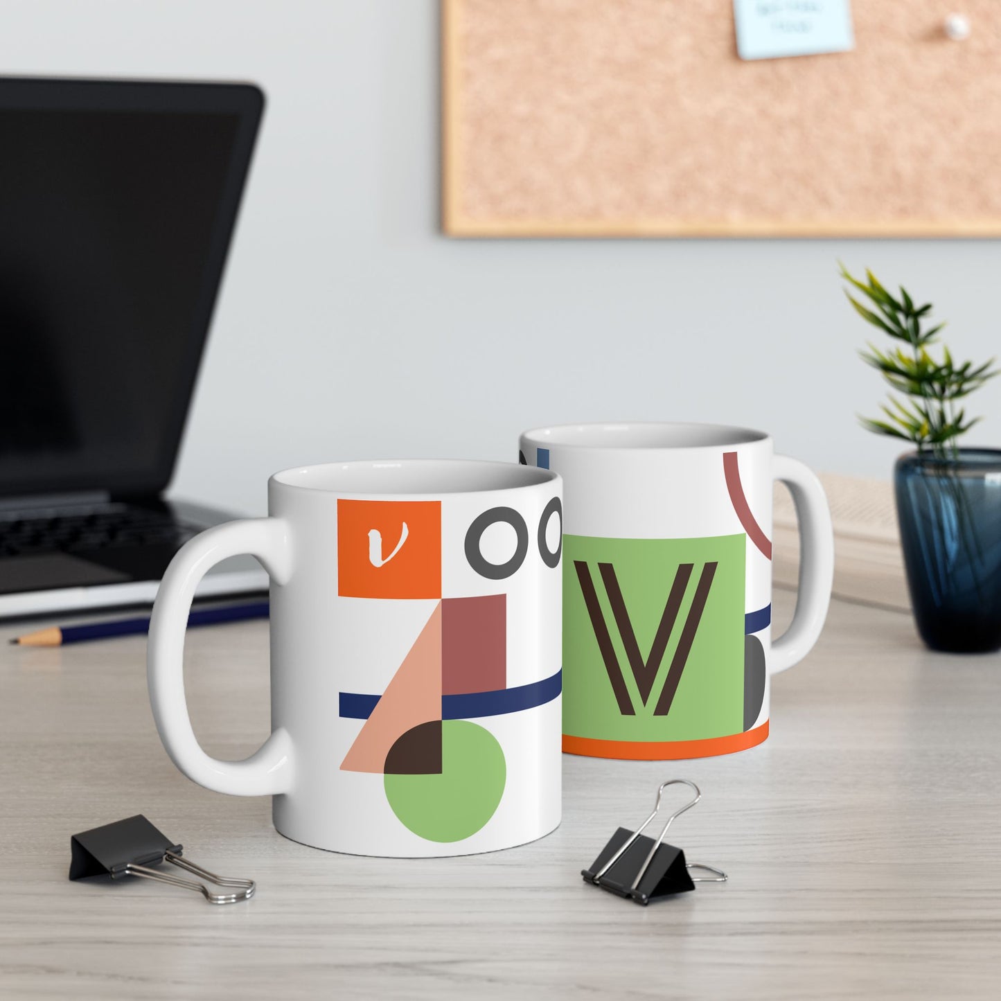 "V" Architectural Geometry Monogram Mug – Constructivist Artsy Workspace Design Cup | 11 oz Mug