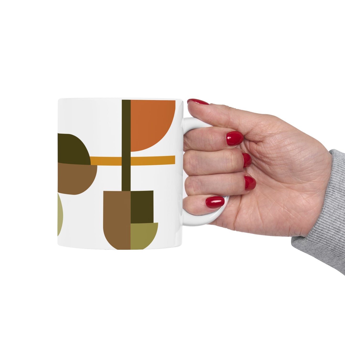 Earthy Geometric Abstract Coffee Mug | Olive Green & Terracotta Art Mug | Mid-Century Kitchenware | 11 oz Mug