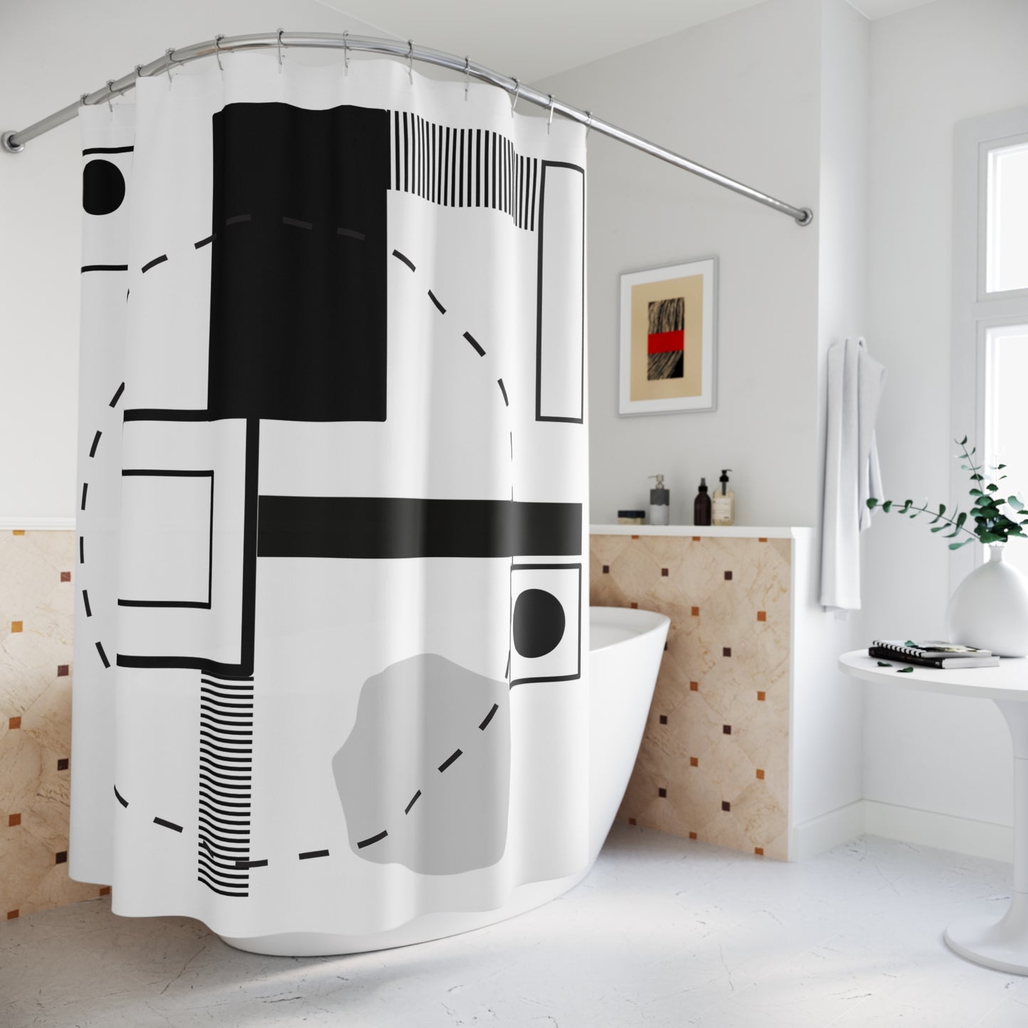 Abstract Orbital Geometry Shower Curtain – Black, Gray & Minimalist Accents