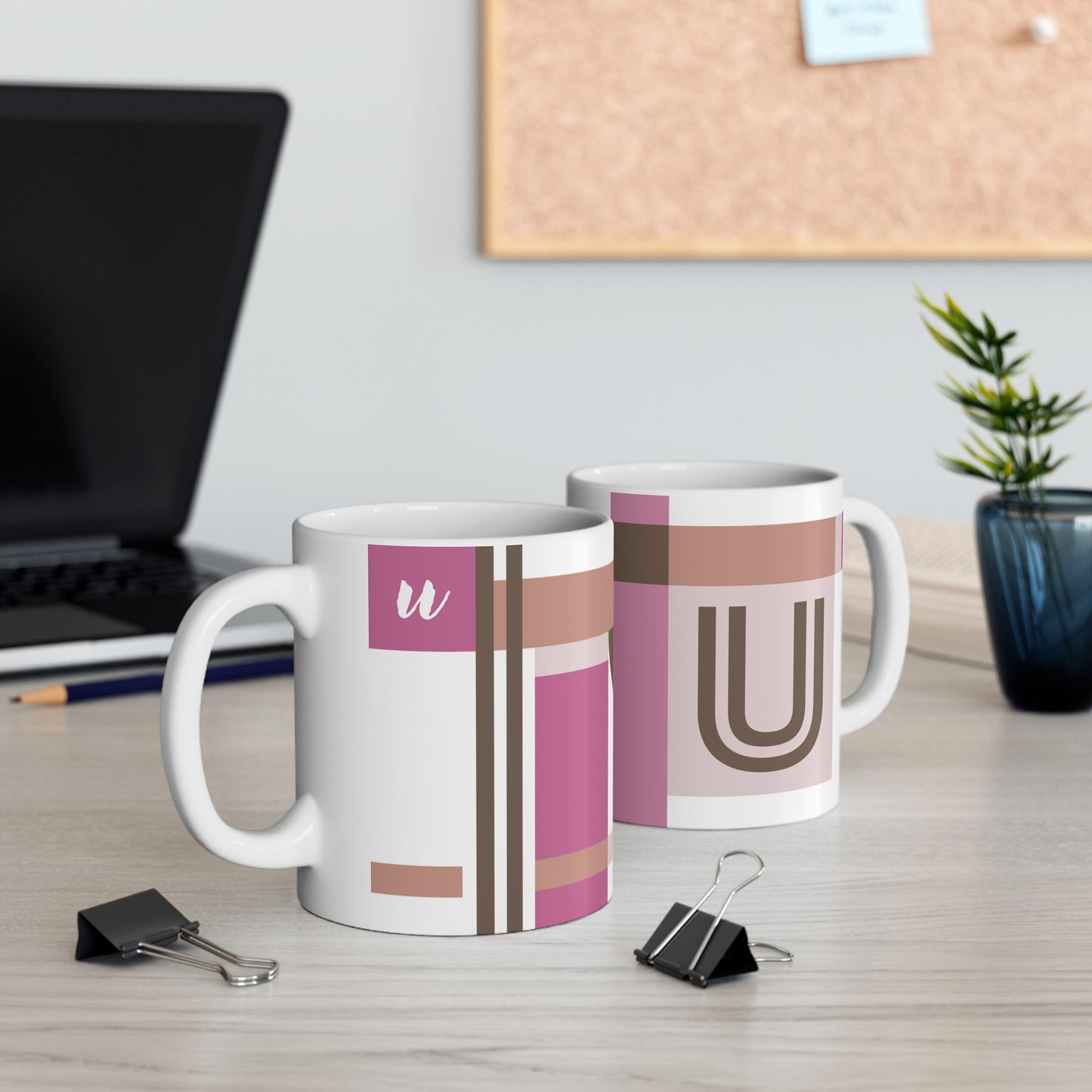 "U" Geometric Monogram Mug – Mod Pink & Taupe Bauhaus Design | 11 oz Mug