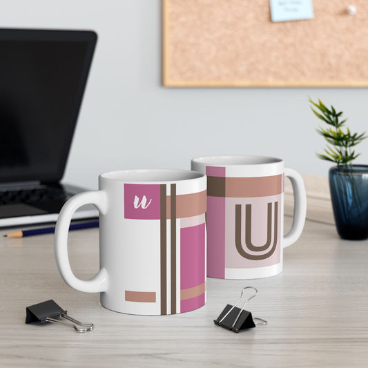 "U" Geometric Monogram Mug – Mod Pink & Taupe Bauhaus Design | 11 oz Mug