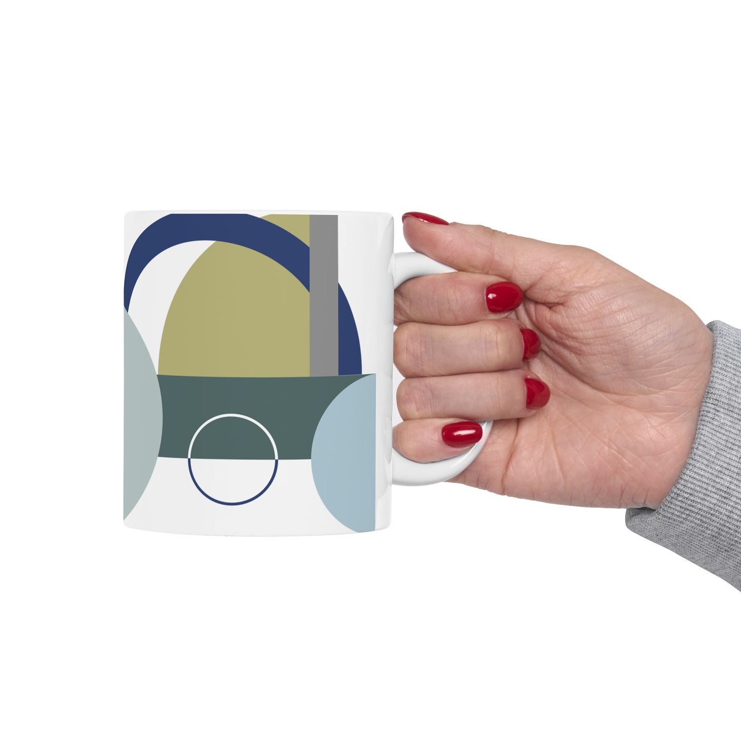 Modern Circular Abstract Mug | Navy Blue & Sage Geometric Coffee Cup | Contemporary Art Designer Tea Mug | Cool Tone Minimalist Decor | Mid-Century Kitchenware | 11 oz Mug