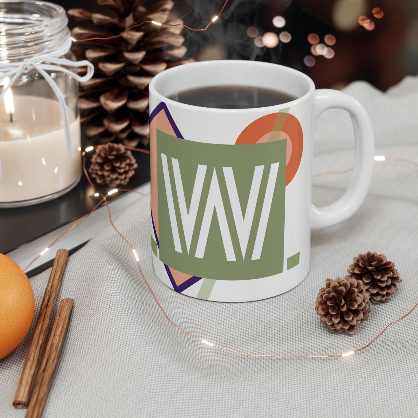 "W" Bauhaus Art Design, Mid-Century Modern Ceramic Coffee Cup | Abstract Geometric Monogram Mug | 11 oz Mug