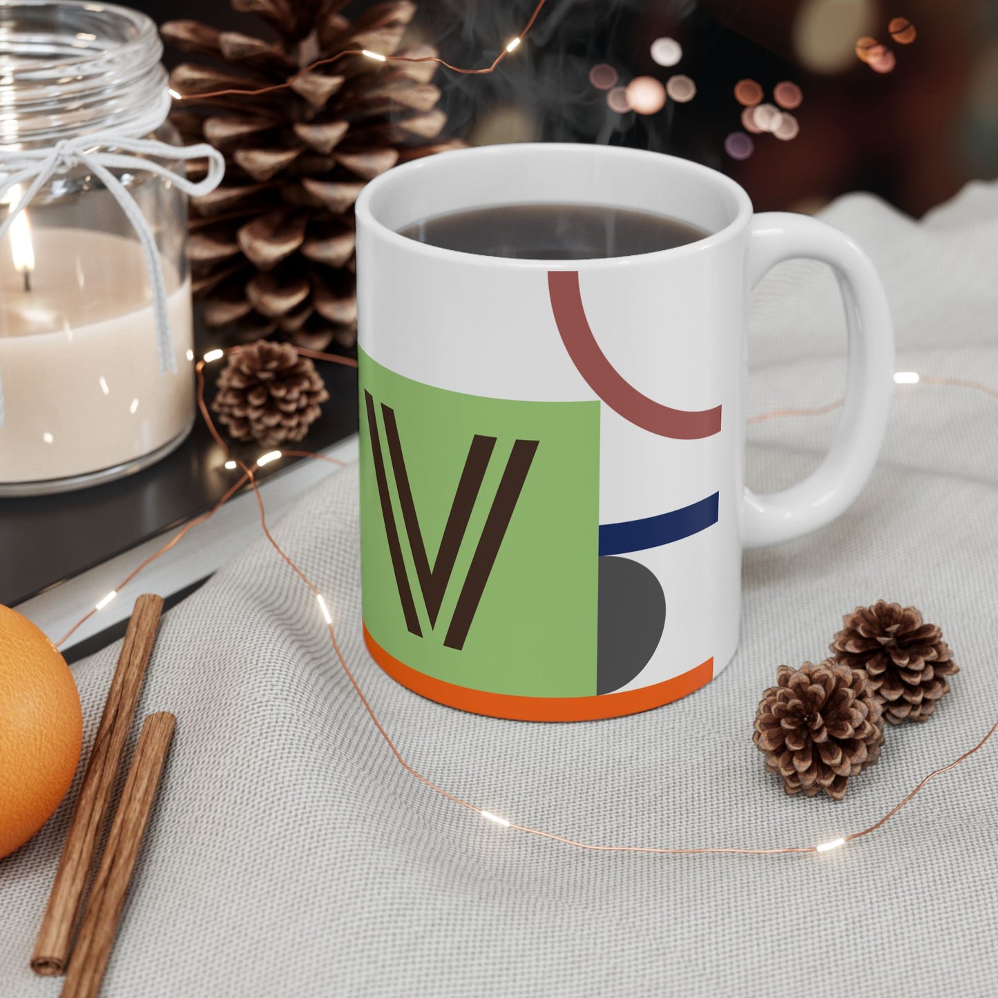 "V" Architectural Geometry Monogram Mug – Constructivist Artsy Workspace Design Cup | 11 oz Mug