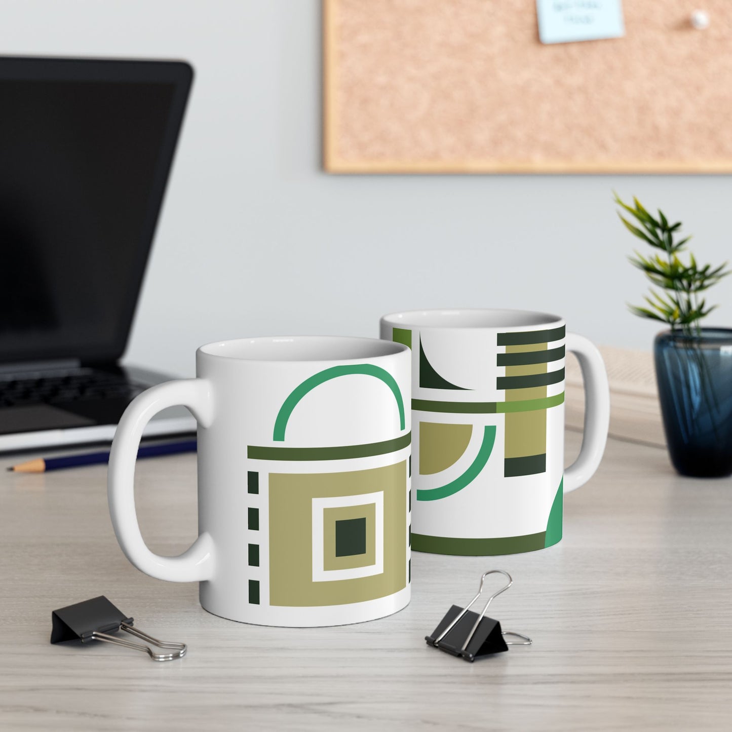 Mid-Century Modern Geometric Coffee Mug | Olive Green & Forest Green Abstract Art
