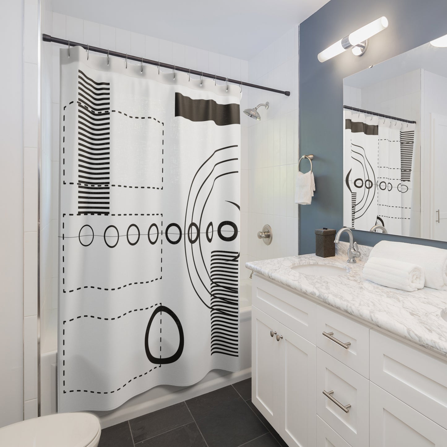 Modern Geometric Shower Curtain - Stylish Bath Decor with Colorful Bird Design