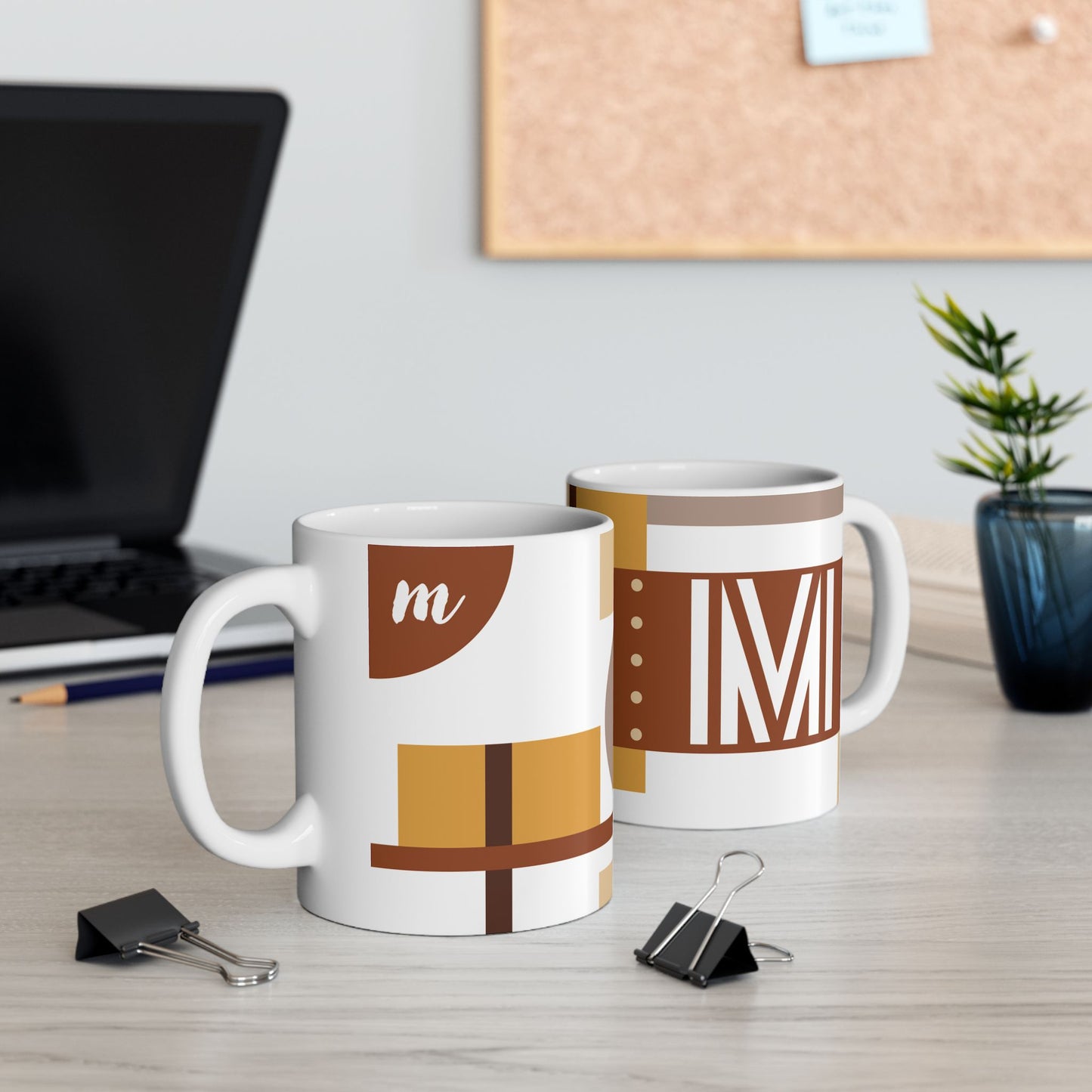 "M" Bauhaus Blueprint – Terracotta & Ochre Geometric Monogram Mug | 11 oz Mug