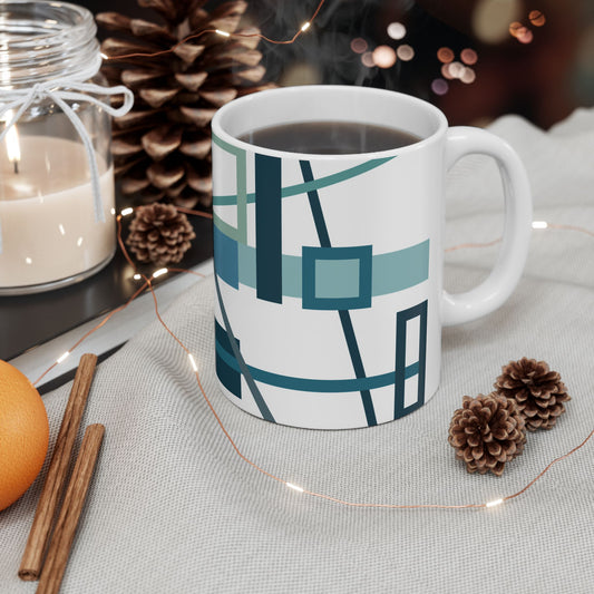 Modern Teal Geometric Abstract Mug | Aqua & Navy Blue Architectural Coffee Cup | Minimalist Designer Tea Mug | Clean Line Desk Decor | Mid-Century Kitchenware | 11 oz Mug
