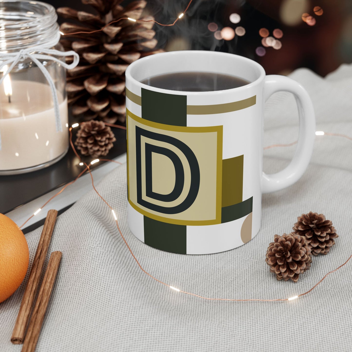 "D" Bauhaus Blueprint – Olive & Gold Geometric Monogram Mug | 11 oz Mug