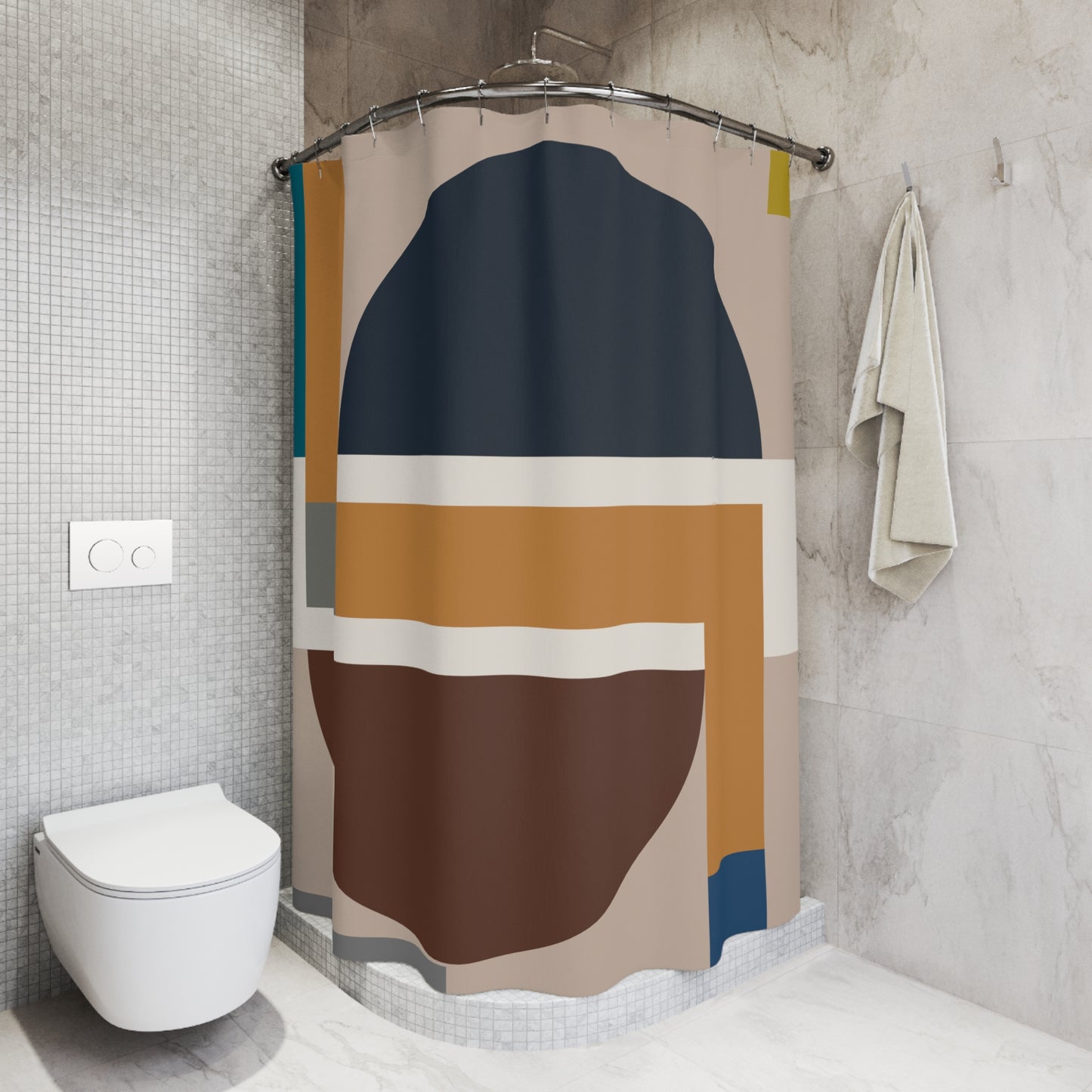 Modern Geometric Circle Abstract Shower Curtain | Navy, Terracotta & Teal Art Decor