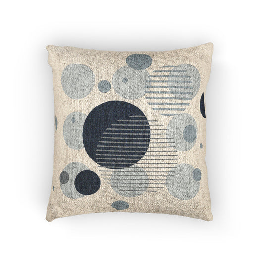 Orbital Layers Throw Pillow – Blue, Gray & White Circles with Striped Accents