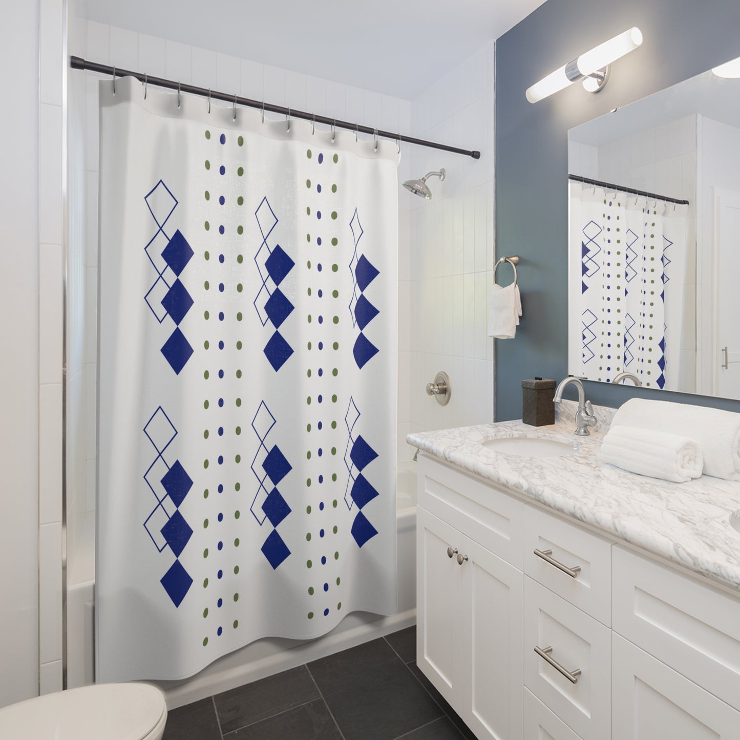 Geometric Column Shower Curtain – Navy Blue & Olive Dotted Diamond Pattern