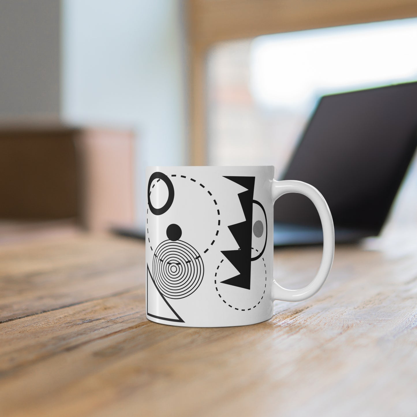 Playful Abstract Shapes Mug | 11oz Ceramic Coffee Mug | Black & White Modern Geometric Design