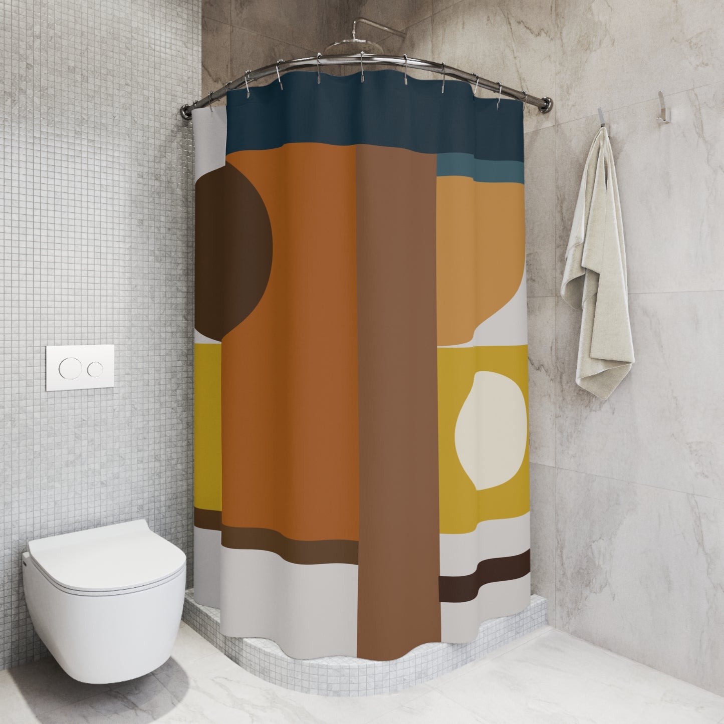 Warm Geometric Block Shower Curtain | Terracotta & Mustard Art Decor | Mid-Century Modern Bathroom