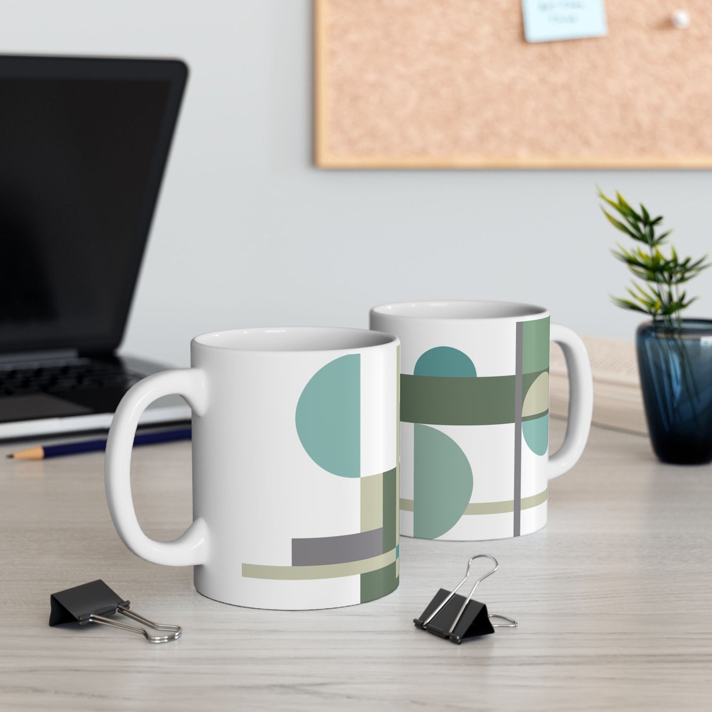 Minimalist Sage Green Abstract Mug | Cool Geometric Modern Coffee Cup | Teal and Grey Calming Tea Mug | Scandi Style Desk Decor |  Mid-Century Kitchenware | 11 oz Mug