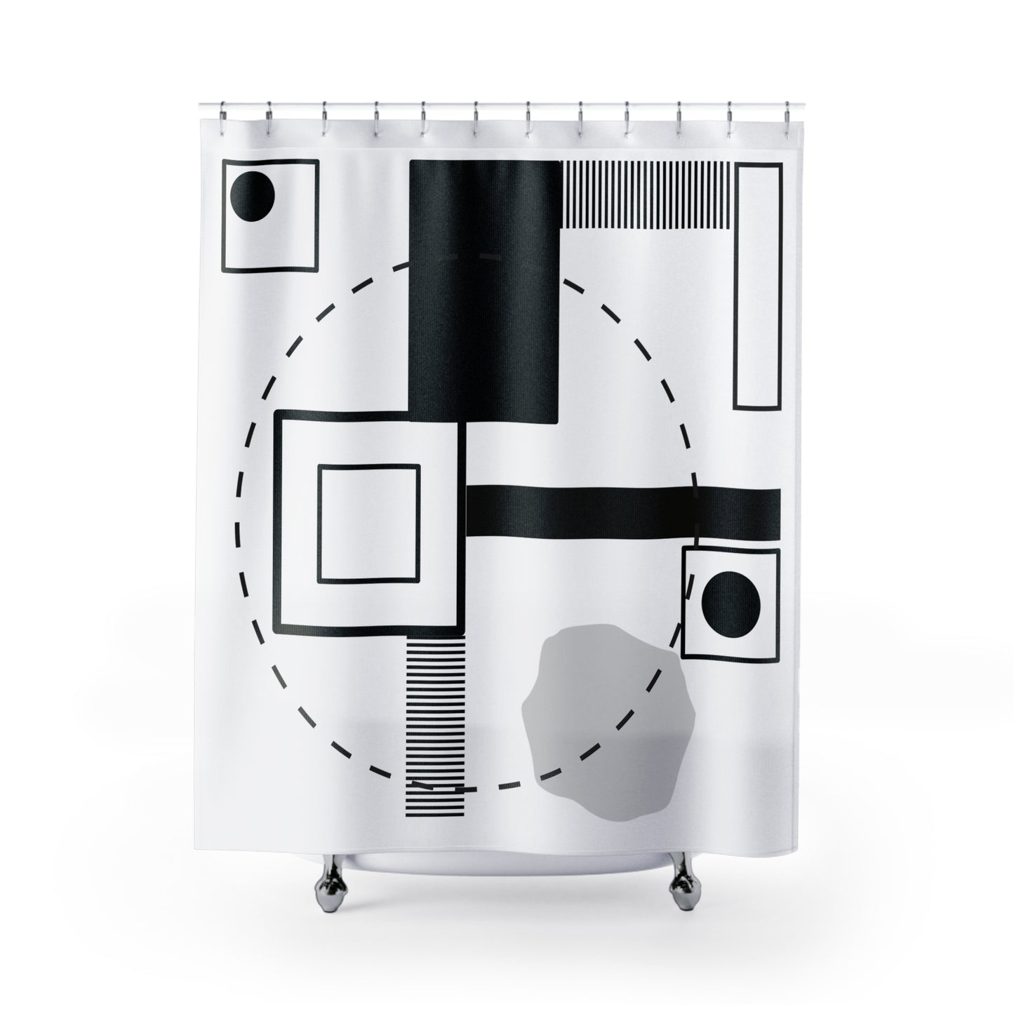 Abstract Orbital Geometry Shower Curtain – Black, Gray & Minimalist Accents