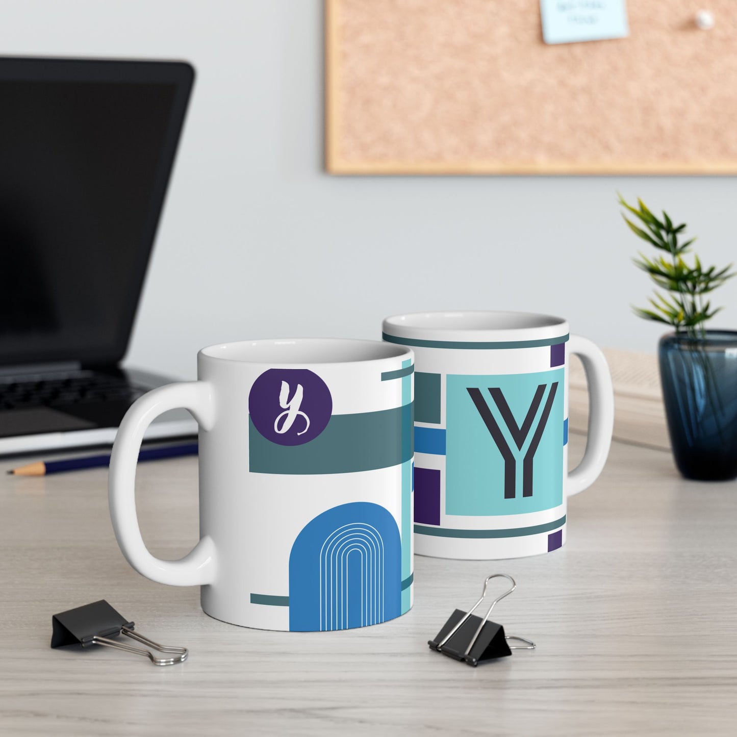 "Y" Abstract Bauhaus Art, Mid-Century Teal & Navy Ceramic Coffee Cup | Modern Geometric Monogram Mug | 11 oz Mug