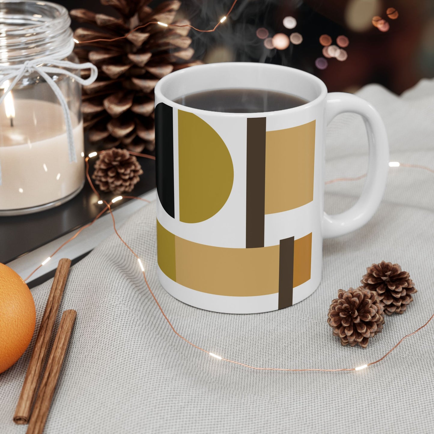 Luxe Mustard Yellow & Black Geometric Mug | Mid-Century Modern Abstract Coffee Cup | Art Deco Style Tea Mug | Designer Office Gift