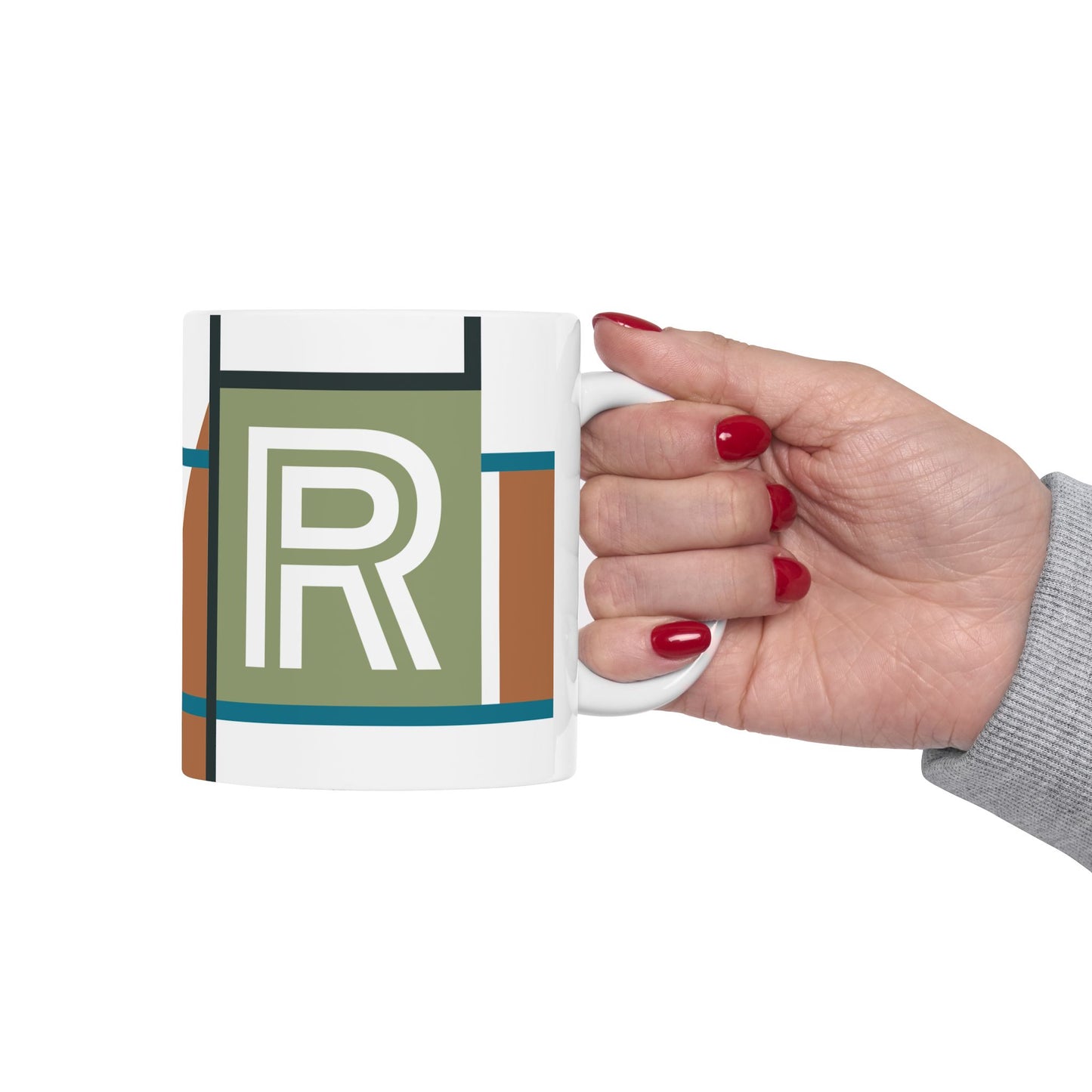 "R" Mid-Century Modern Geometry Mug – Abstract Monogram Bauhaus Design | 11 oz Mug
