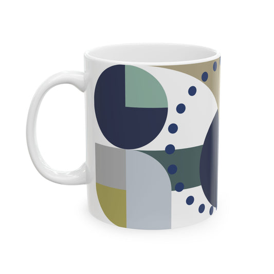 Modern Circular Abstract Mug | Navy Blue & Sage Geometric Coffee Cup | Contemporary Art Designer Tea Mug | Cool Tone Minimalist Decor | Mid-Century Kitchenware | 11 oz Mug