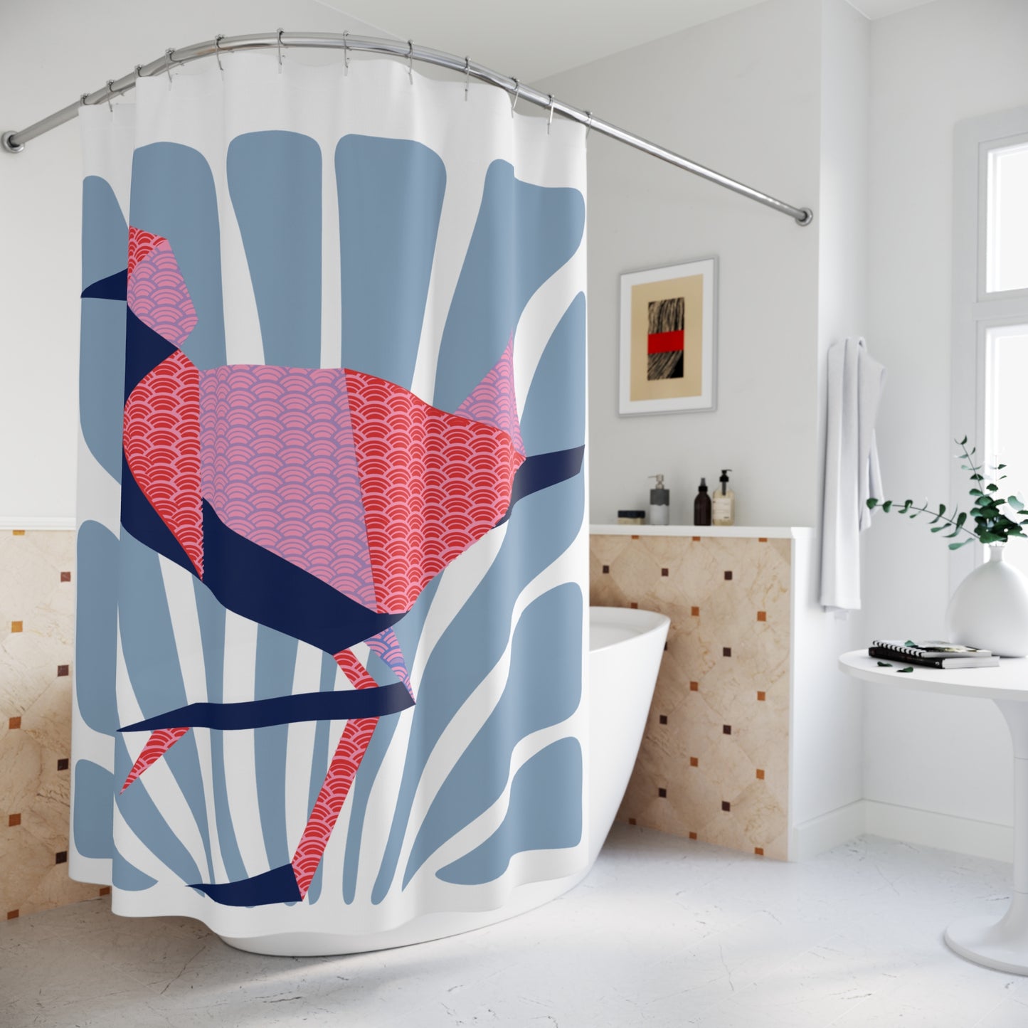 Modern Geometric Shower Curtain - Stylish Bath Decor with Colorful Bird Design