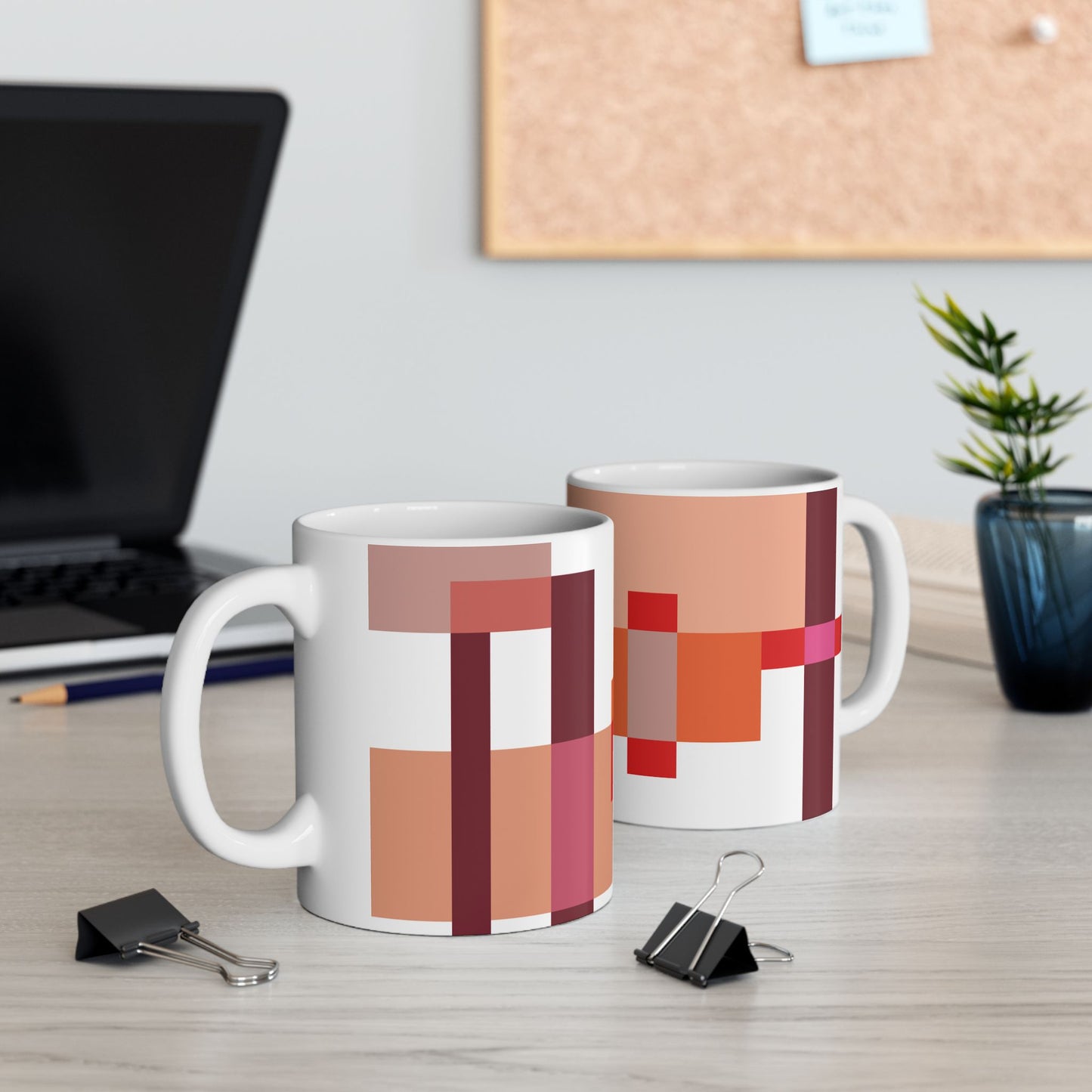 Crimson Geometry Mug – Abstract Blocks in Warm Tones | Mid-Century Kitchenware | 11 oz Mug