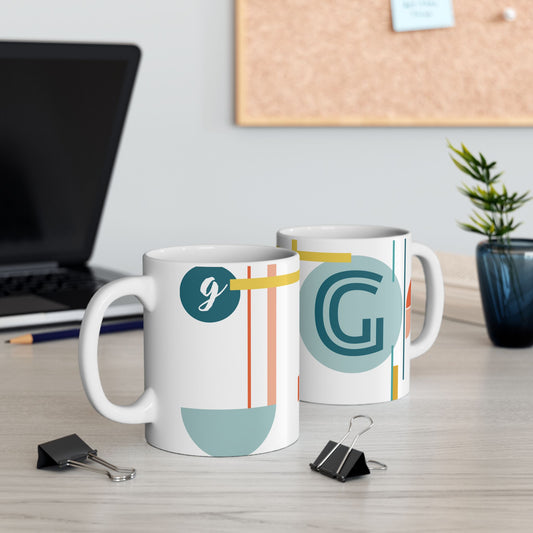 "G" Geometric Composition – Bauhaus Abstract Monogram Mug | 11 oz Mug