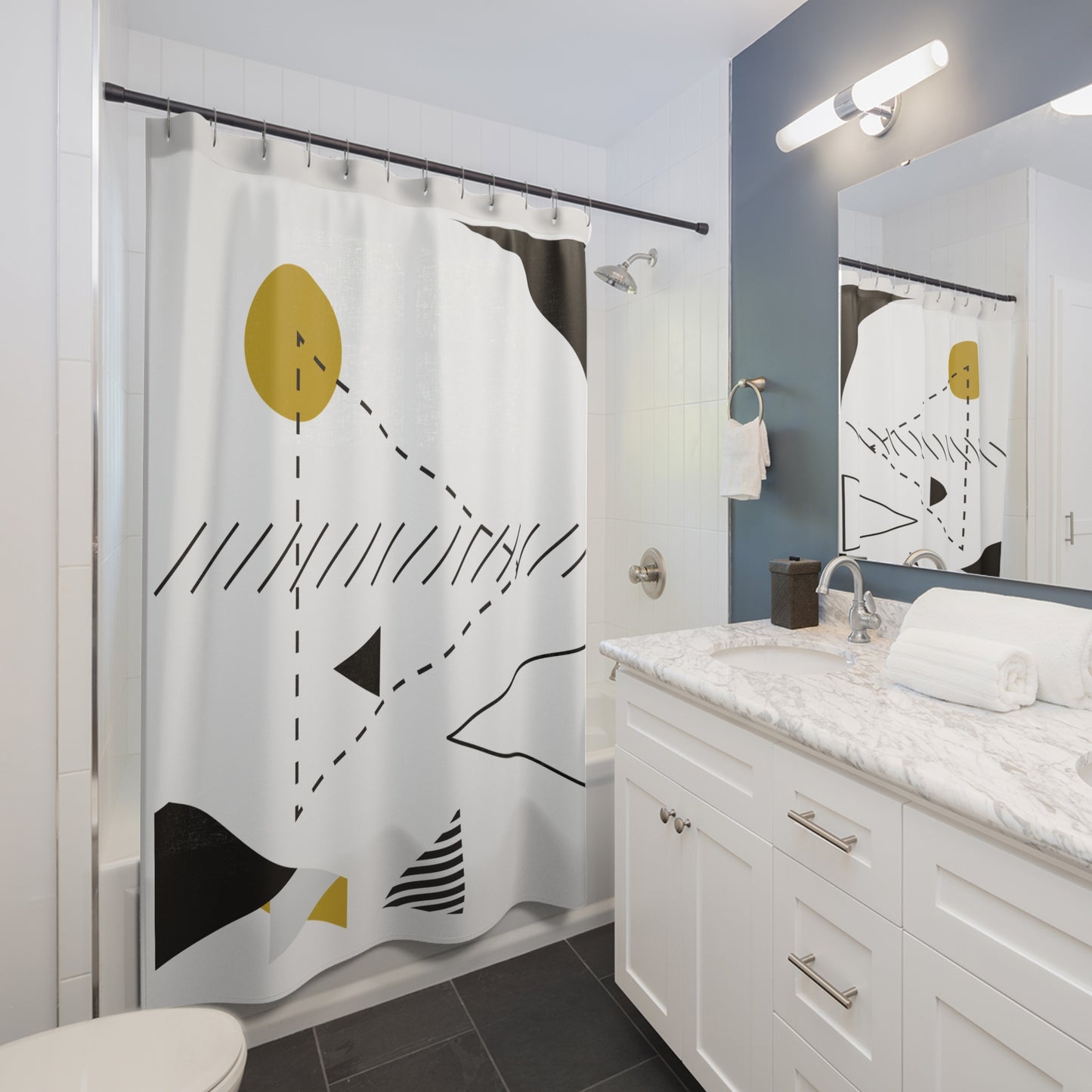 Geometric Abstract Shower Curtain – Black, White & Gold Minimalist Art
