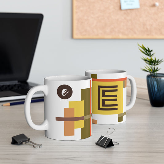 "E" Bauhaus Blueprint – Ochre & Earth Geometric Monogram Mug | 11 oz Mug