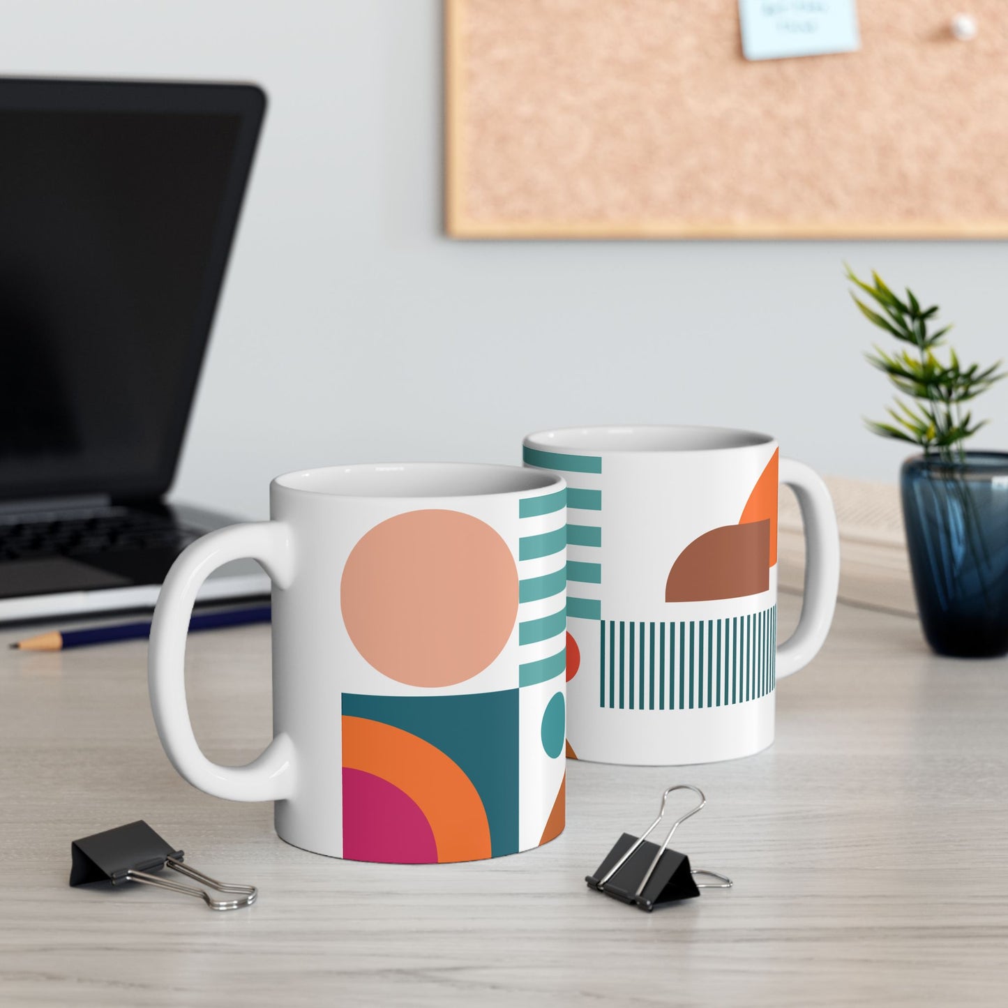 Playful Geometry Mug – Circles & Stripes in Teal & Orange | Mid-Century Kitchenware | 11 oz Mug