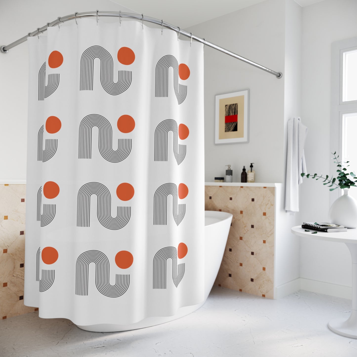 Retro Modern Pattern Shower Curtain – Black & Orange Minimal Repeat