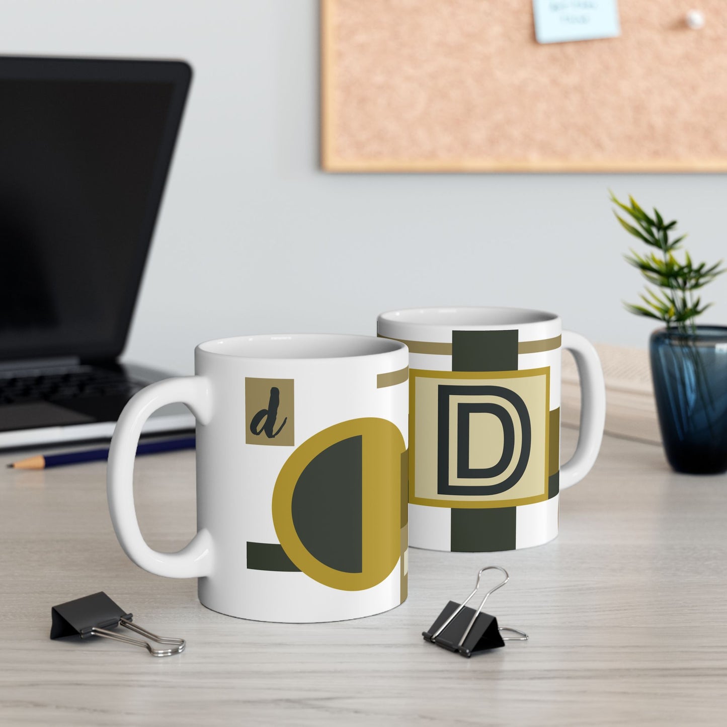 "D" Bauhaus Blueprint – Olive & Gold Geometric Monogram Mug | 11 oz Mug