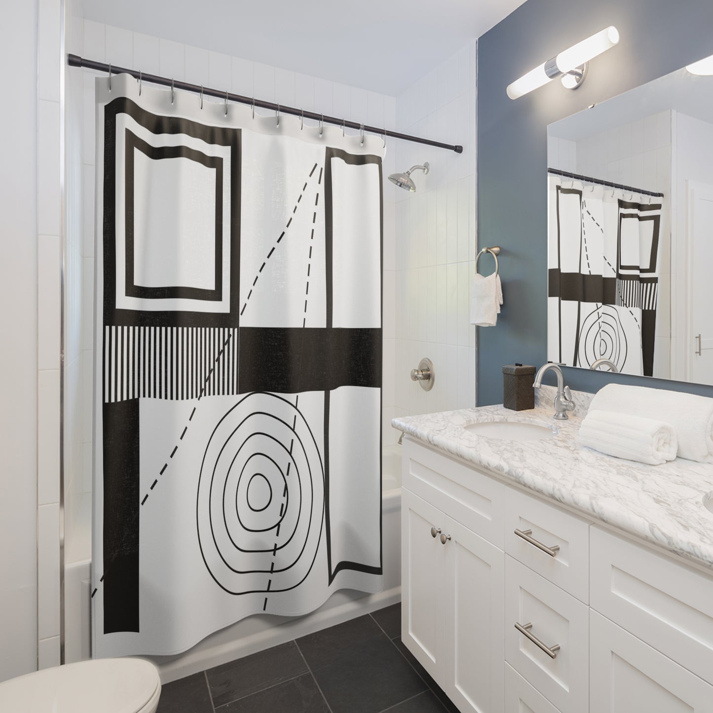Modern Geometric Shower Curtain – Black and Gray Minimalist Art