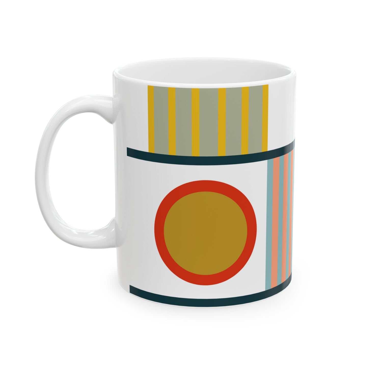 Bold Geometry Mug – Circles & Stripes in Mustard & Teal | 11 oz Mug