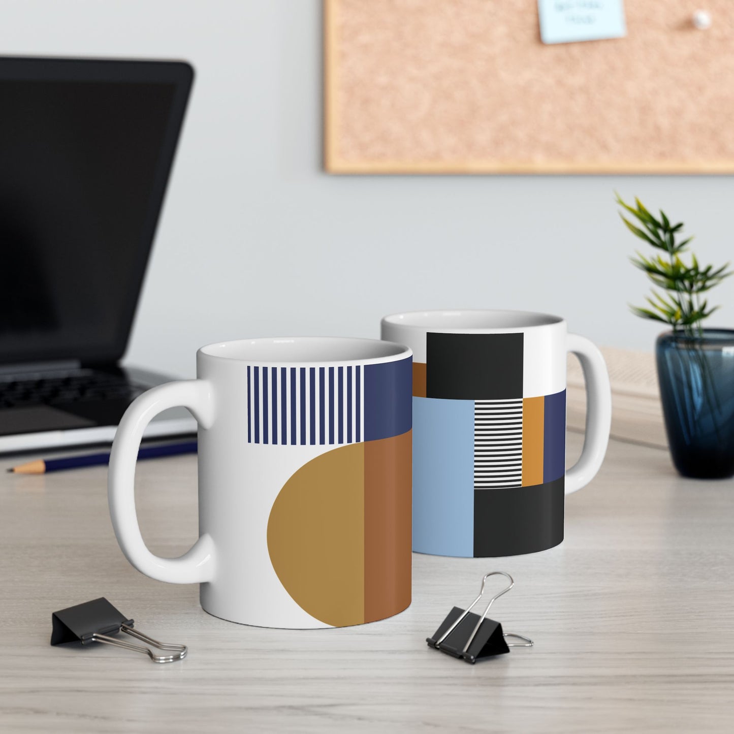 Navy & Ochre Abstract Geometric Mug | Modern Bauhaus Inspired Coffee Cup